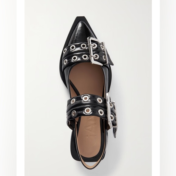 Ganni Shoes - GANNI buckled eyelet-embellished recycled faux patent-leather ballet flats